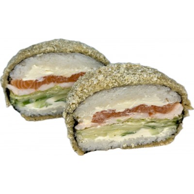 Cуші-бургер з лососем та тигровою креветкою